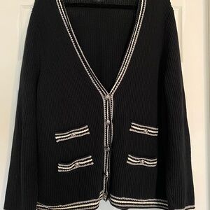 Talbots Cardigan Womens Plus Size 1X Sweater Black/White Tipped Stripe Buttons